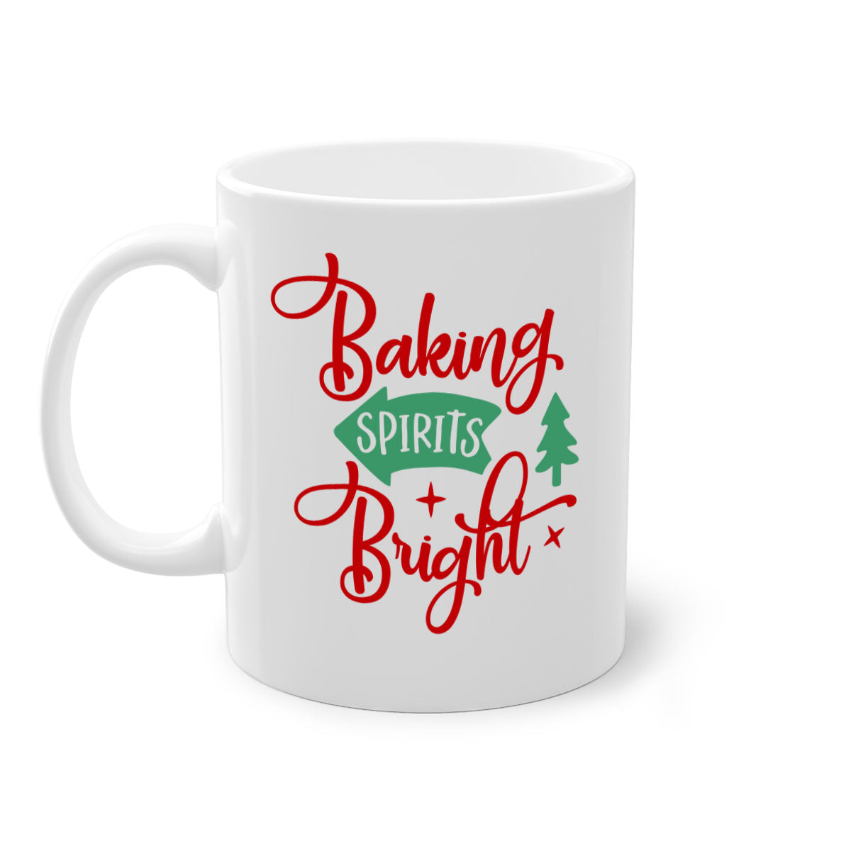 Baking Spirits Bright Christmas Mug with colorful handle and glossy finish, perfect for coffee or tea.