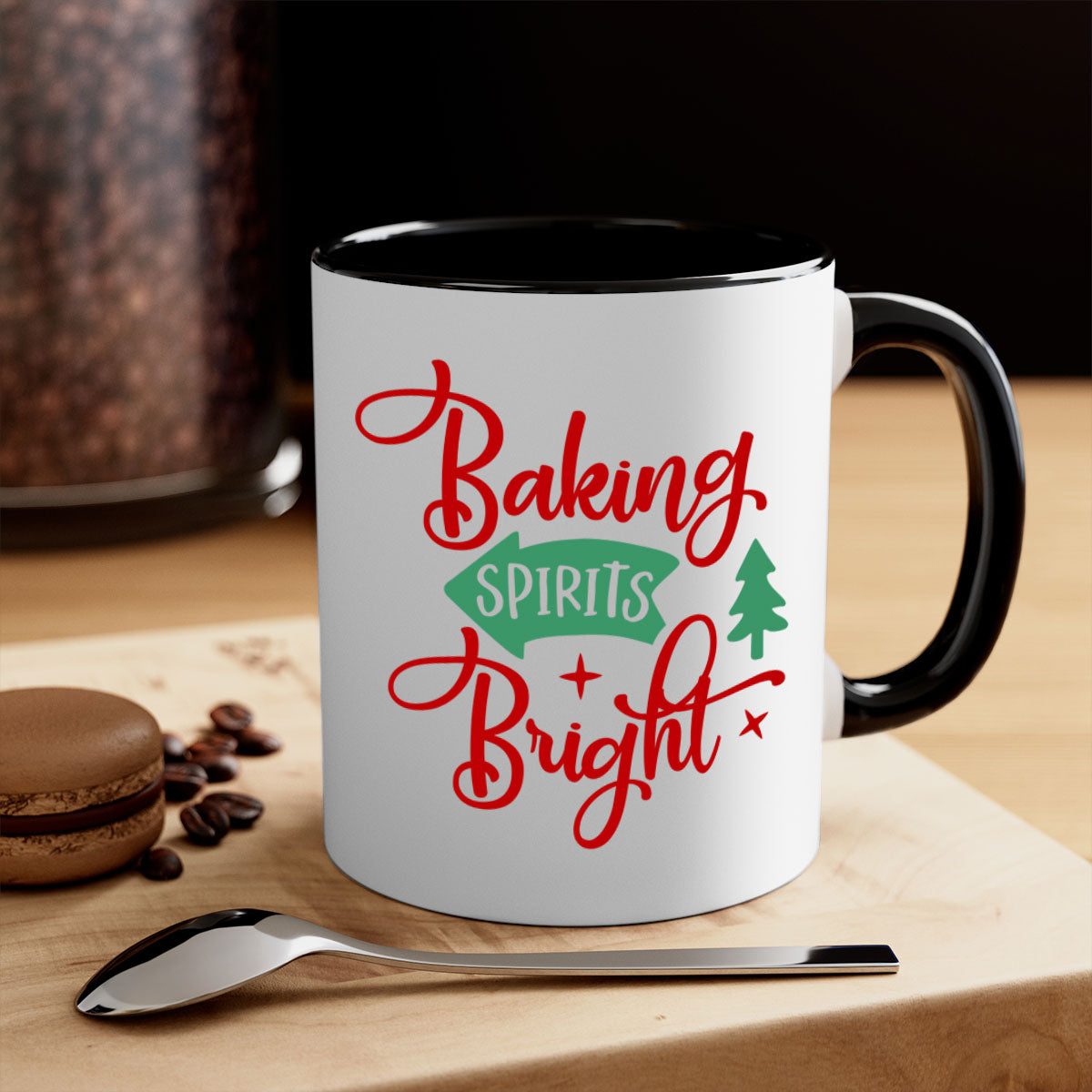 Baking Spirits Bright Christmas Mug with colorful handle and glossy finish, perfect for coffee or tea.