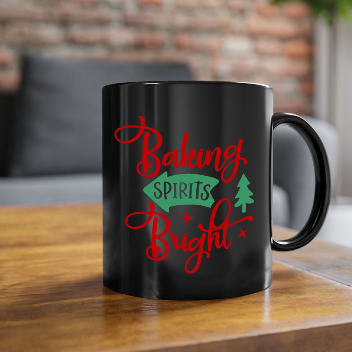 Baking Spirits Bright Christmas Mug with colorful handle and glossy finish, perfect for coffee or tea.