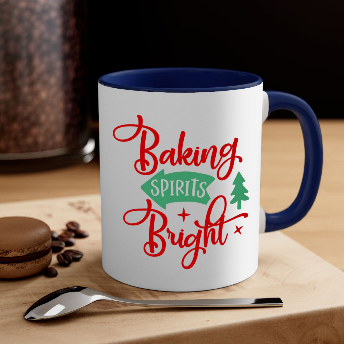 Baking Spirits Bright Christmas Mug with colorful handle and glossy finish, perfect for coffee or tea.