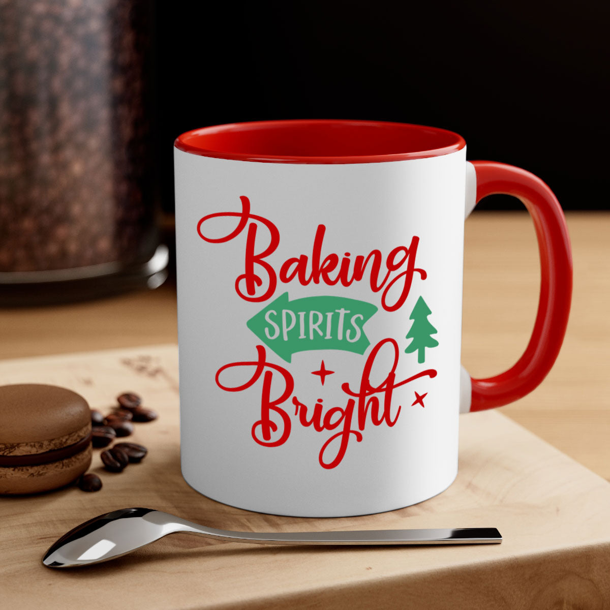 Baking Spirits Bright Christmas Mug with colorful handle and glossy finish, perfect for coffee or tea.