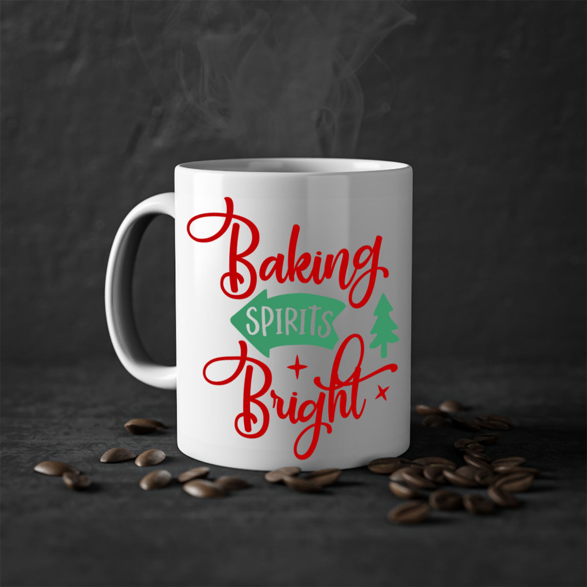 Baking Spirits Bright Christmas Mug with colorful handle and glossy finish, perfect for coffee or tea.