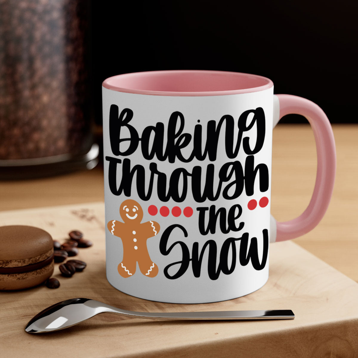 Baking Though the Snow 209# Christmas Mug with colorful handle and glossy finish, perfect for coffee or tea.