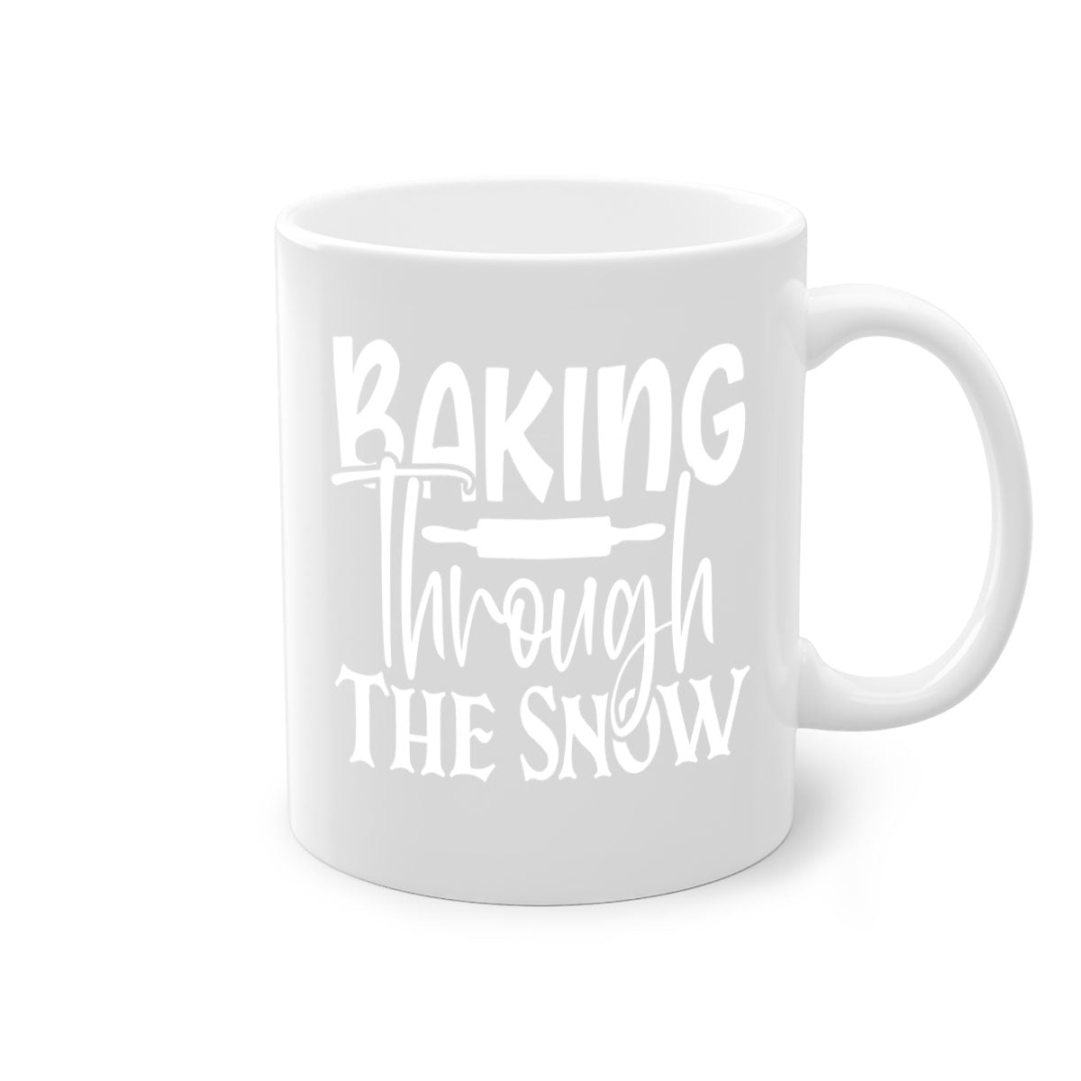 Baking Through the Snow 52# Mug with two-tone design, featuring a colored handle and glossy finish, available in multiple colors.