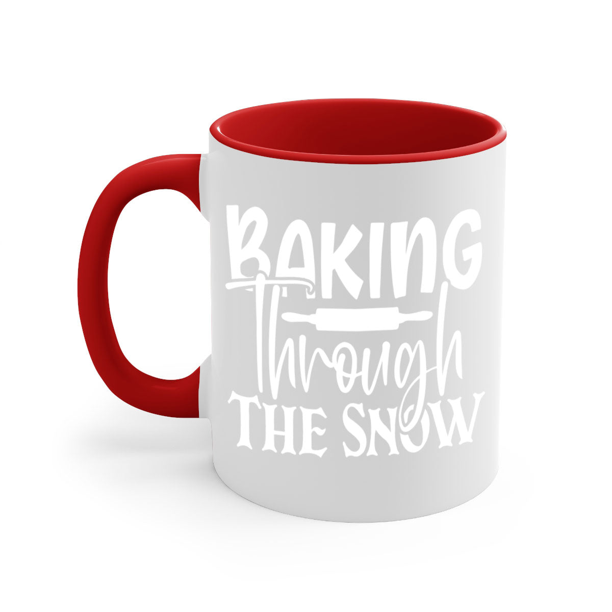 Baking Through the Snow 52# Mug with two-tone design, featuring a colored handle and glossy finish, available in multiple colors.