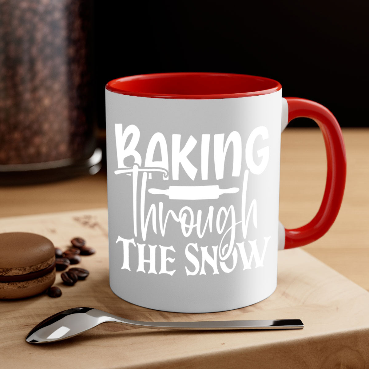 Baking Through the Snow 52# Mug with two-tone design, featuring a colored handle and glossy finish, available in multiple colors.