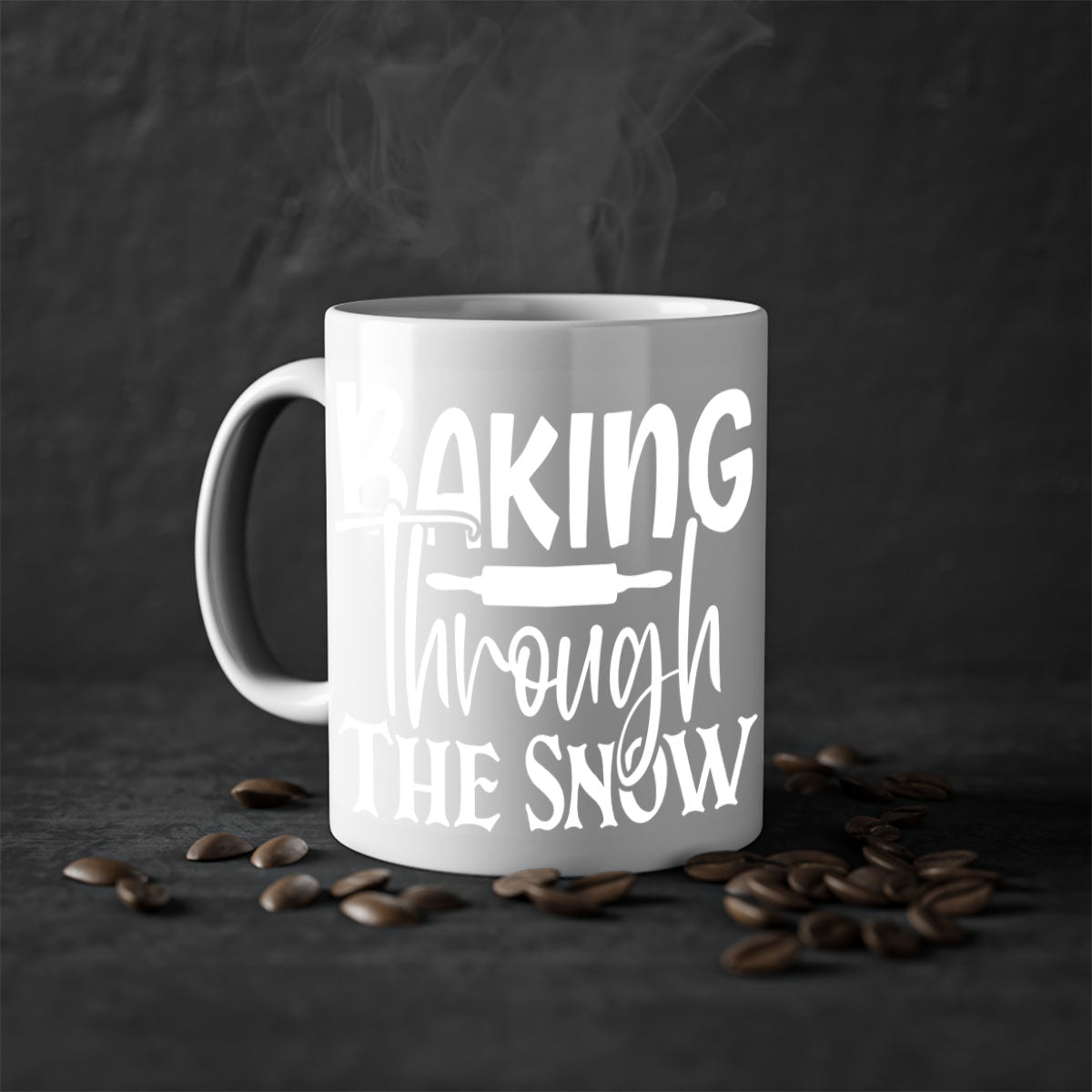 Baking Through the Snow 52# Mug with two-tone design, featuring a colored handle and glossy finish, available in multiple colors.