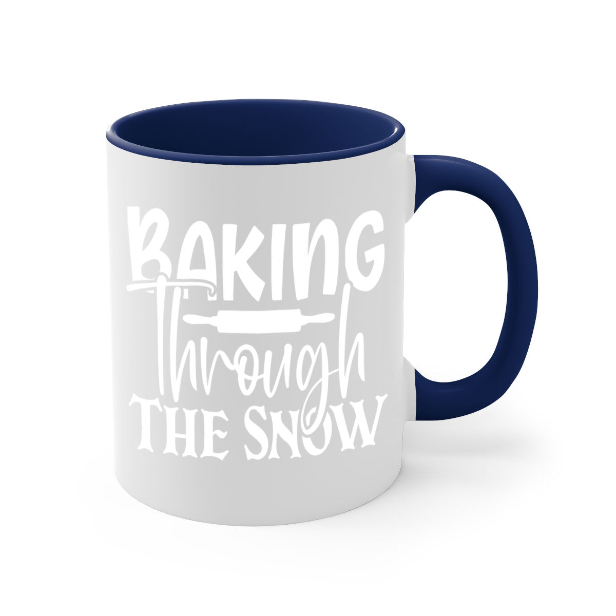 Baking Through the Snow 52# Mug with two-tone design, featuring a colored handle and glossy finish, available in multiple colors.