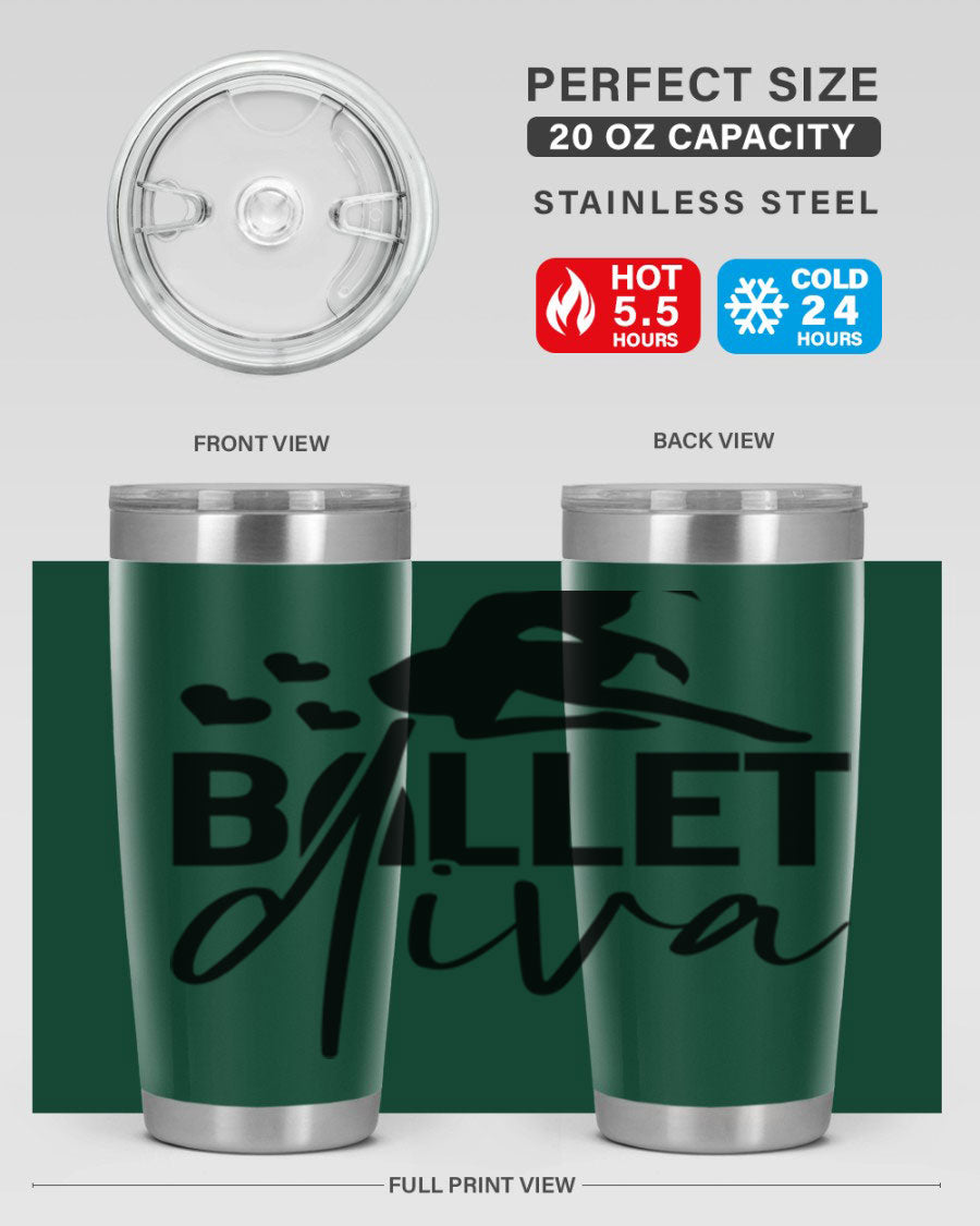 Ballet Diva 20oz Tumbler featuring a stylish ballet design, made of stainless steel with a copper lining, perfect for hot and cold beverages.