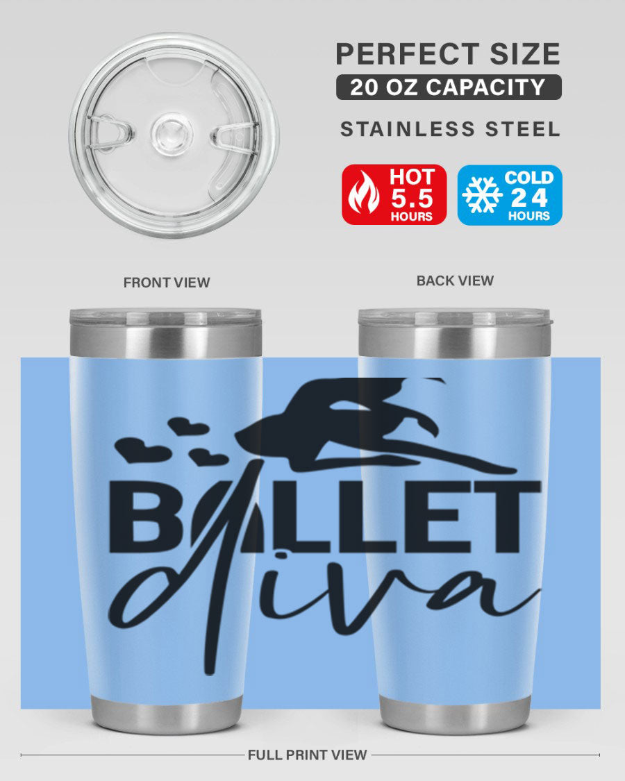 Ballet Diva 20oz Tumbler featuring a stylish ballet design, made of stainless steel with a copper lining, perfect for hot and cold beverages.