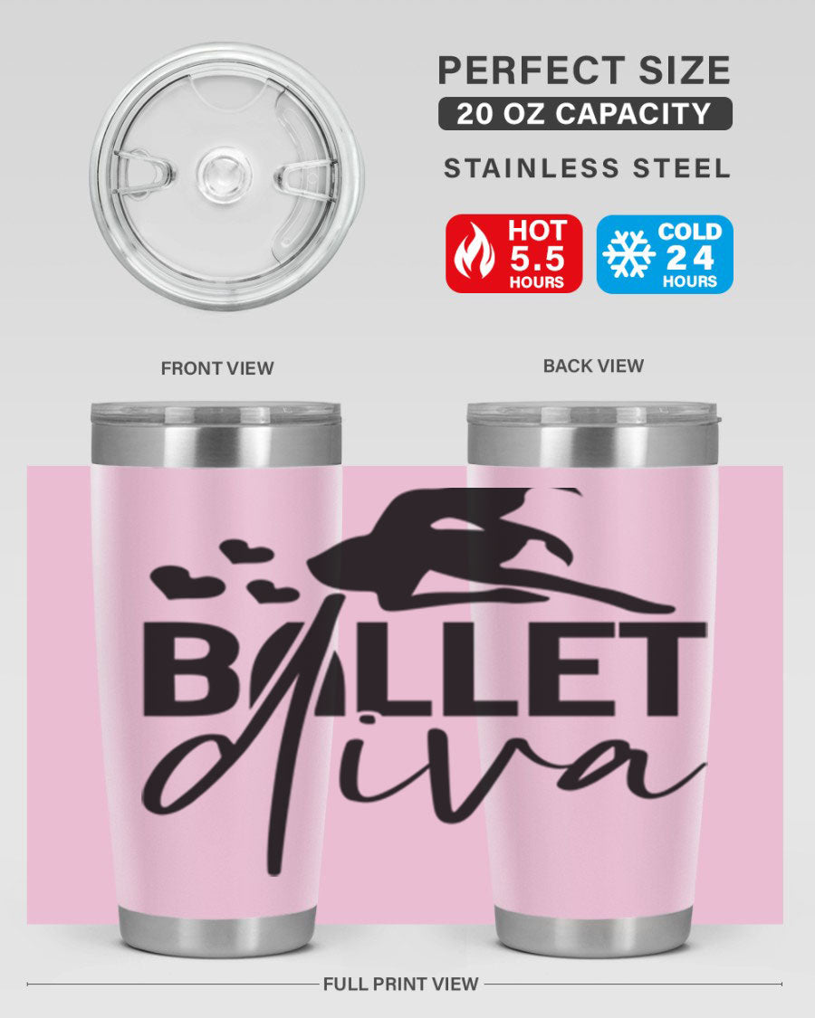 Ballet Diva 20oz Tumbler featuring a stylish ballet design, made of stainless steel with a copper lining, perfect for hot and cold beverages.