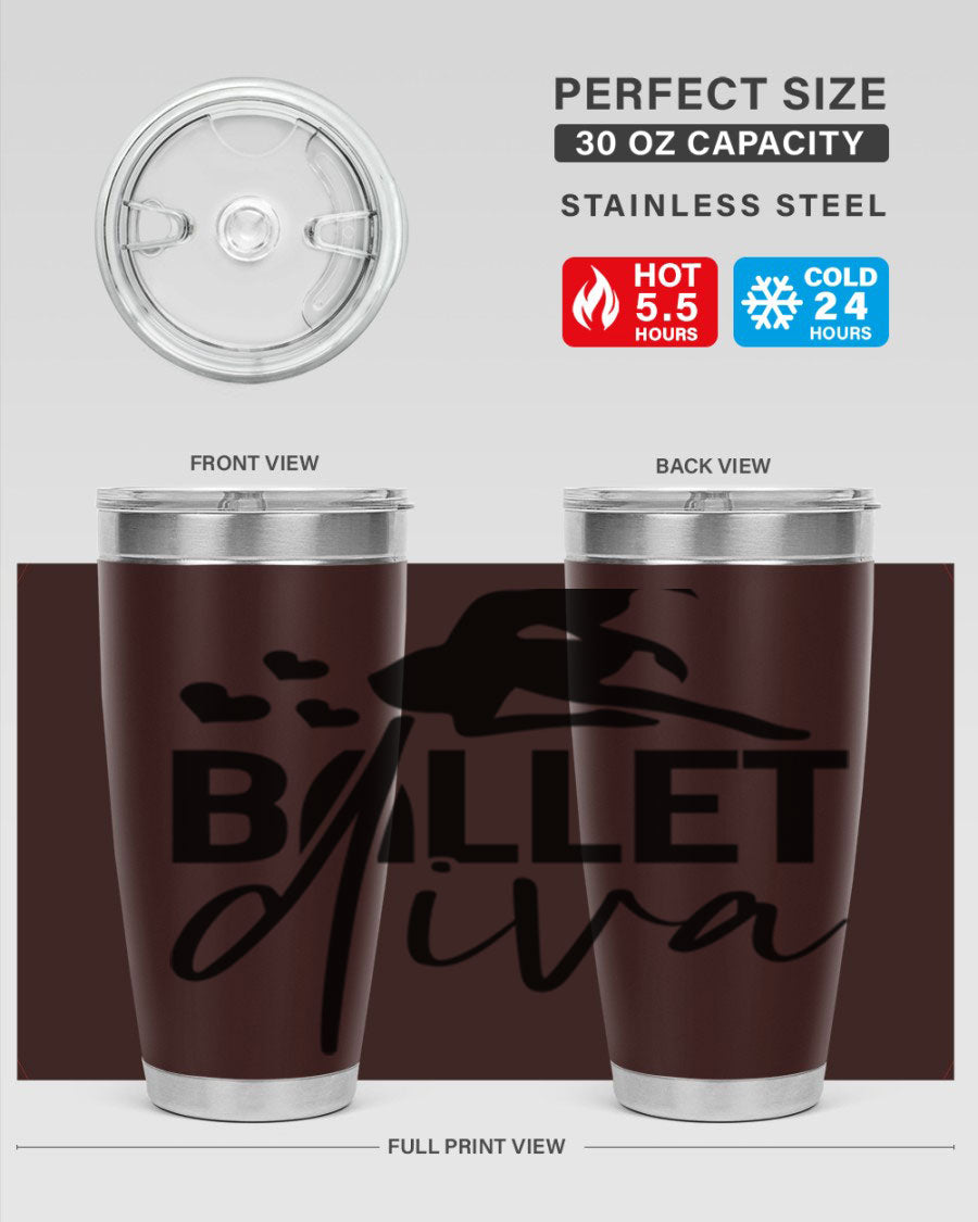 Ballet Diva 20oz Tumbler featuring a stylish ballet design, made of stainless steel with a copper lining, perfect for hot and cold beverages.