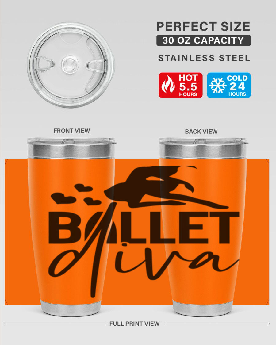 Ballet Diva 20oz Tumbler featuring a stylish ballet design, made of stainless steel with a copper lining, perfect for hot and cold beverages.