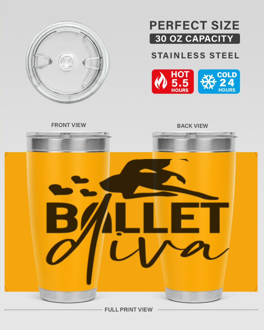 Ballet Diva 20oz Tumbler featuring a stylish ballet design, made of stainless steel with a copper lining, perfect for hot and cold beverages.