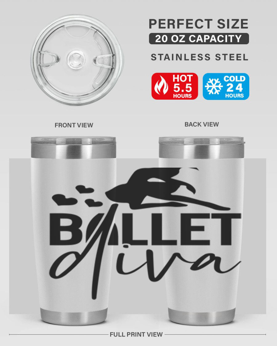 Ballet Diva 20oz Tumbler featuring a stylish ballet design, made of stainless steel with a copper lining, perfect for hot and cold beverages.