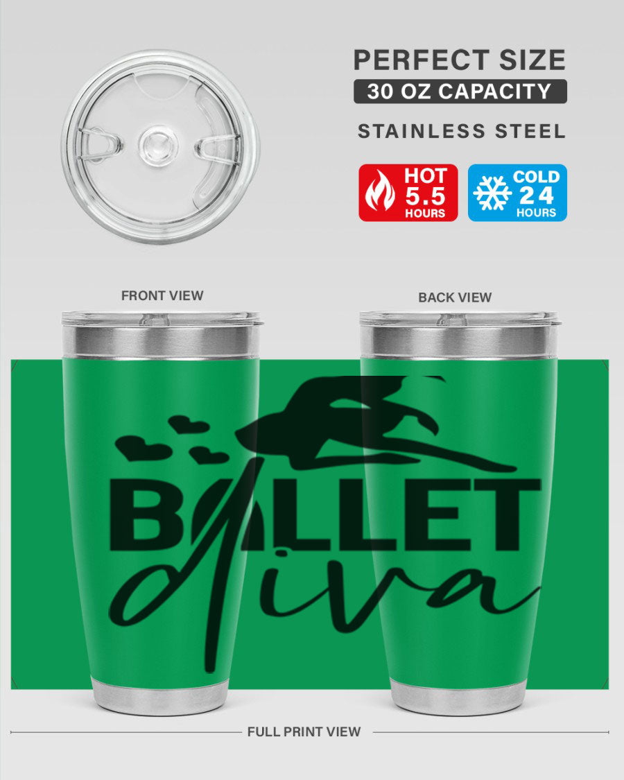 Ballet Diva 20oz Tumbler featuring a stylish ballet design, made of stainless steel with a copper lining, perfect for hot and cold beverages.