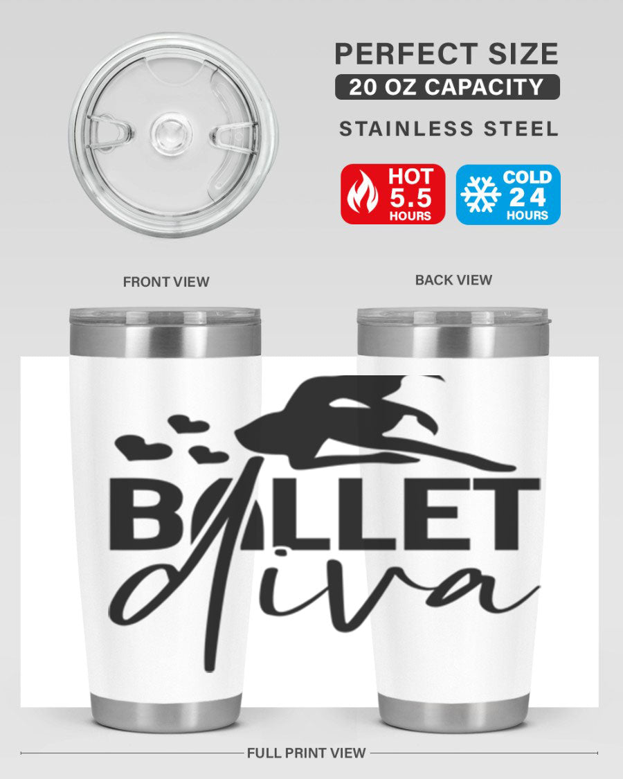 Ballet Diva 20oz Tumbler featuring a stylish ballet design, made of stainless steel with a copper lining, perfect for hot and cold beverages.