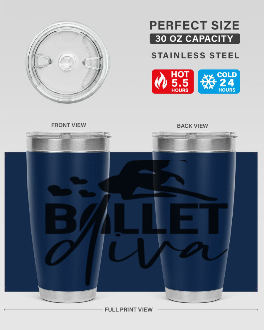 Ballet Diva 20oz Tumbler featuring a stylish ballet design, made of stainless steel with a copper lining, perfect for hot and cold beverages.