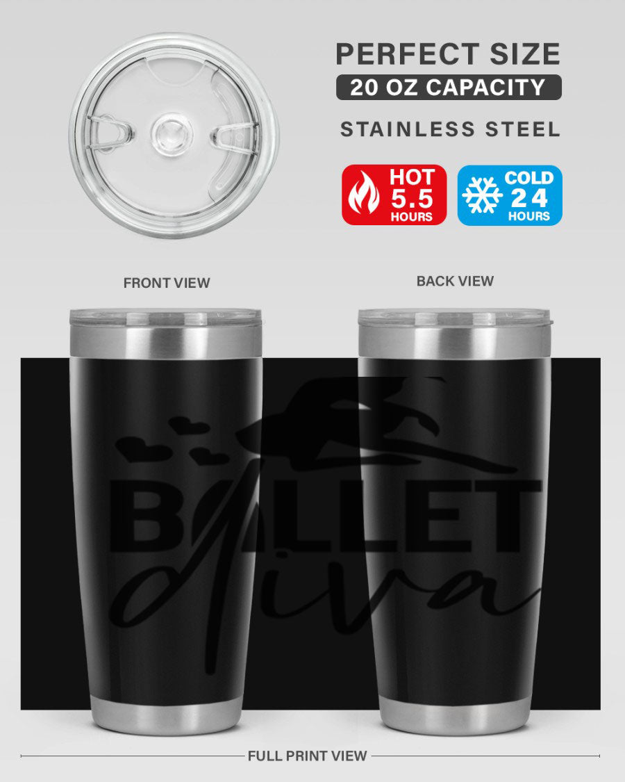 Ballet Diva 20oz Tumbler featuring a stylish ballet design, made of stainless steel with a copper lining, perfect for hot and cold beverages.