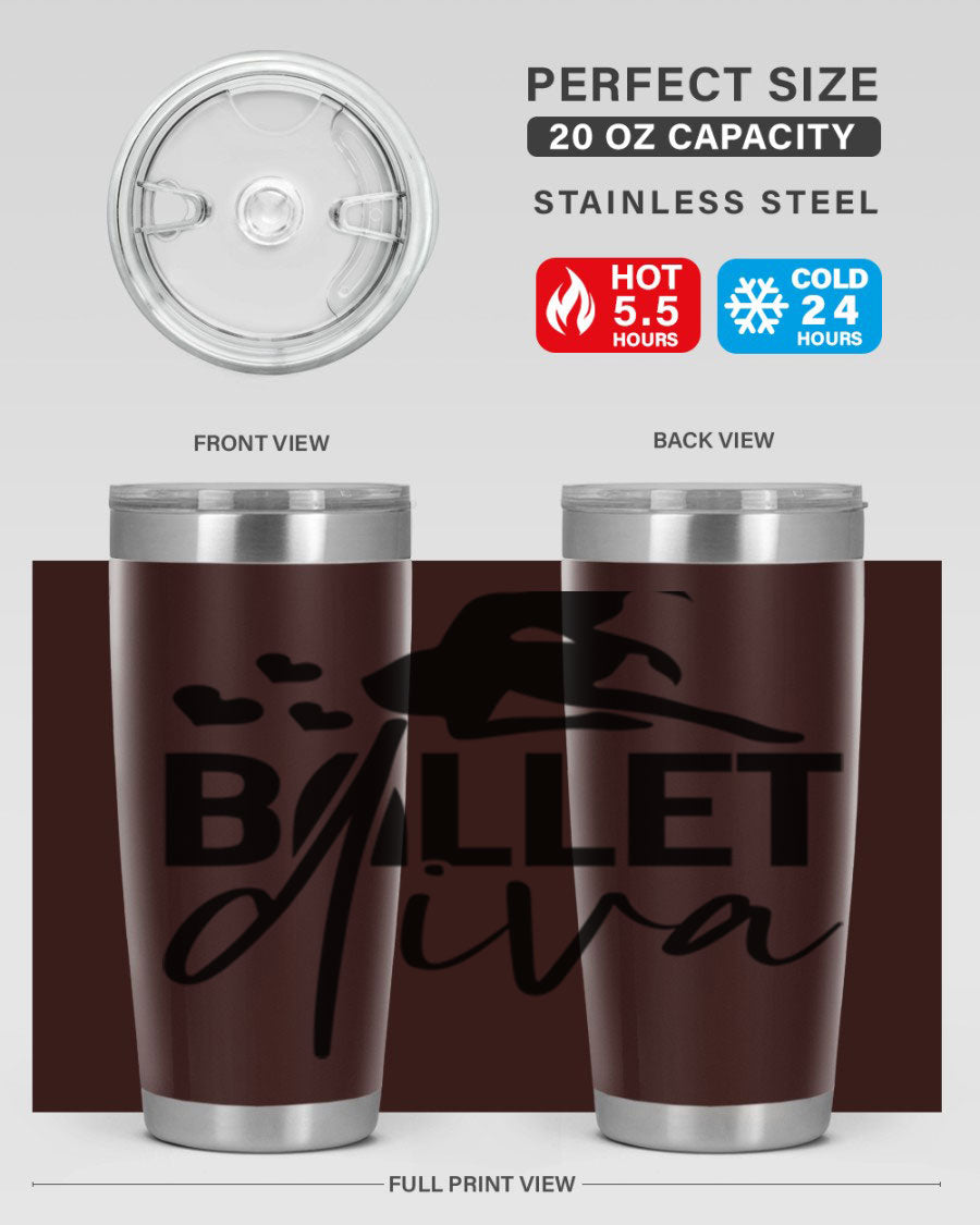 Ballet Diva 20oz Tumbler featuring a stylish ballet design, made of stainless steel with a copper lining, perfect for hot and cold beverages.