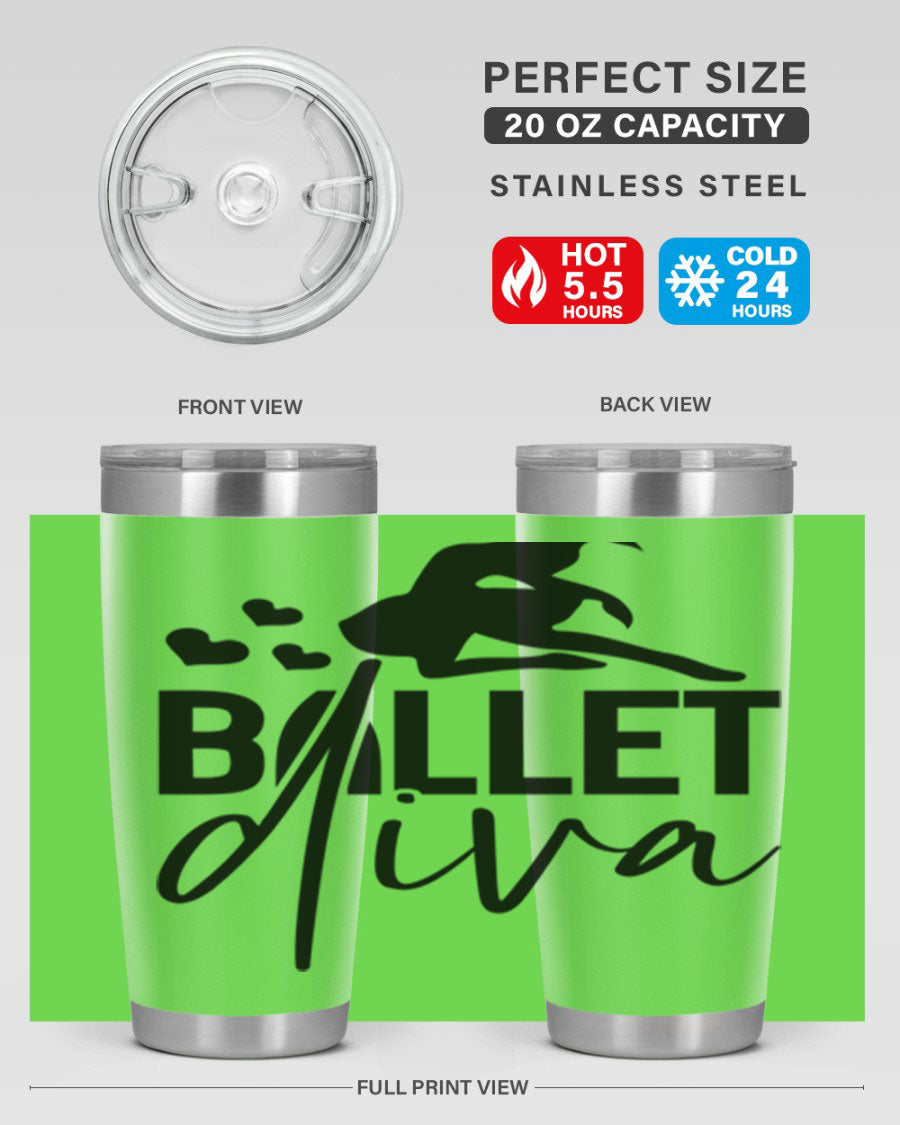 Ballet Diva 20oz Tumbler featuring a stylish ballet design, made of stainless steel with a copper lining, perfect for hot and cold beverages.