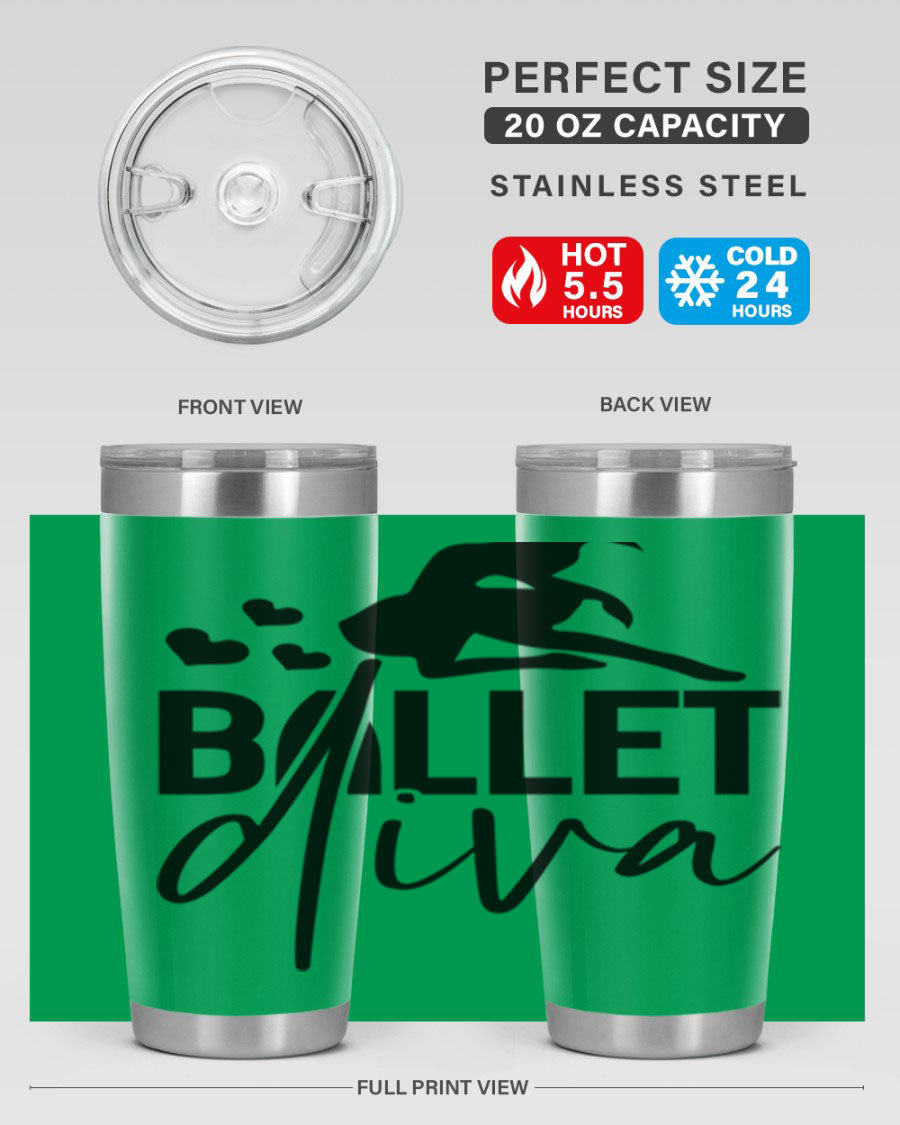 Ballet Diva 20oz Tumbler featuring a stylish ballet design, made of stainless steel with a copper lining, perfect for hot and cold beverages.