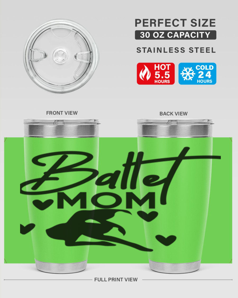 Ballet Mom 10# Tumbler in stainless steel with a stylish ballet-themed design, showcasing its double wall vacuum insulation and drink-thru lid.