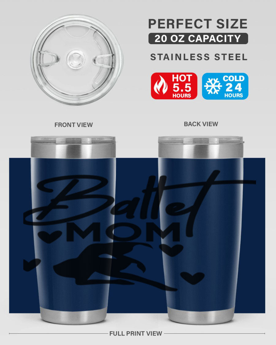 Ballet Mom 10# Tumbler in stainless steel with a stylish ballet-themed design, showcasing its double wall vacuum insulation and drink-thru lid.