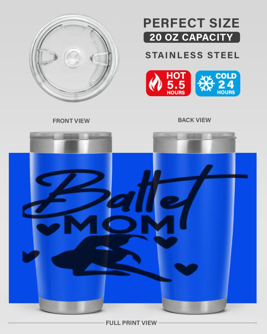 Ballet Mom 10# Tumbler in stainless steel with a stylish ballet-themed design, showcasing its double wall vacuum insulation and drink-thru lid.