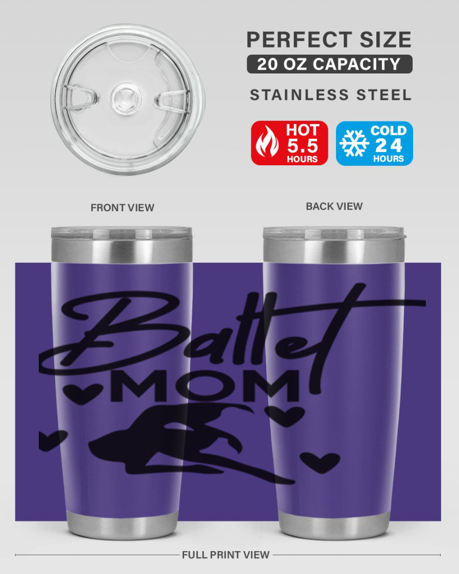 Ballet Mom 10# Tumbler in stainless steel with a stylish ballet-themed design, showcasing its double wall vacuum insulation and drink-thru lid.