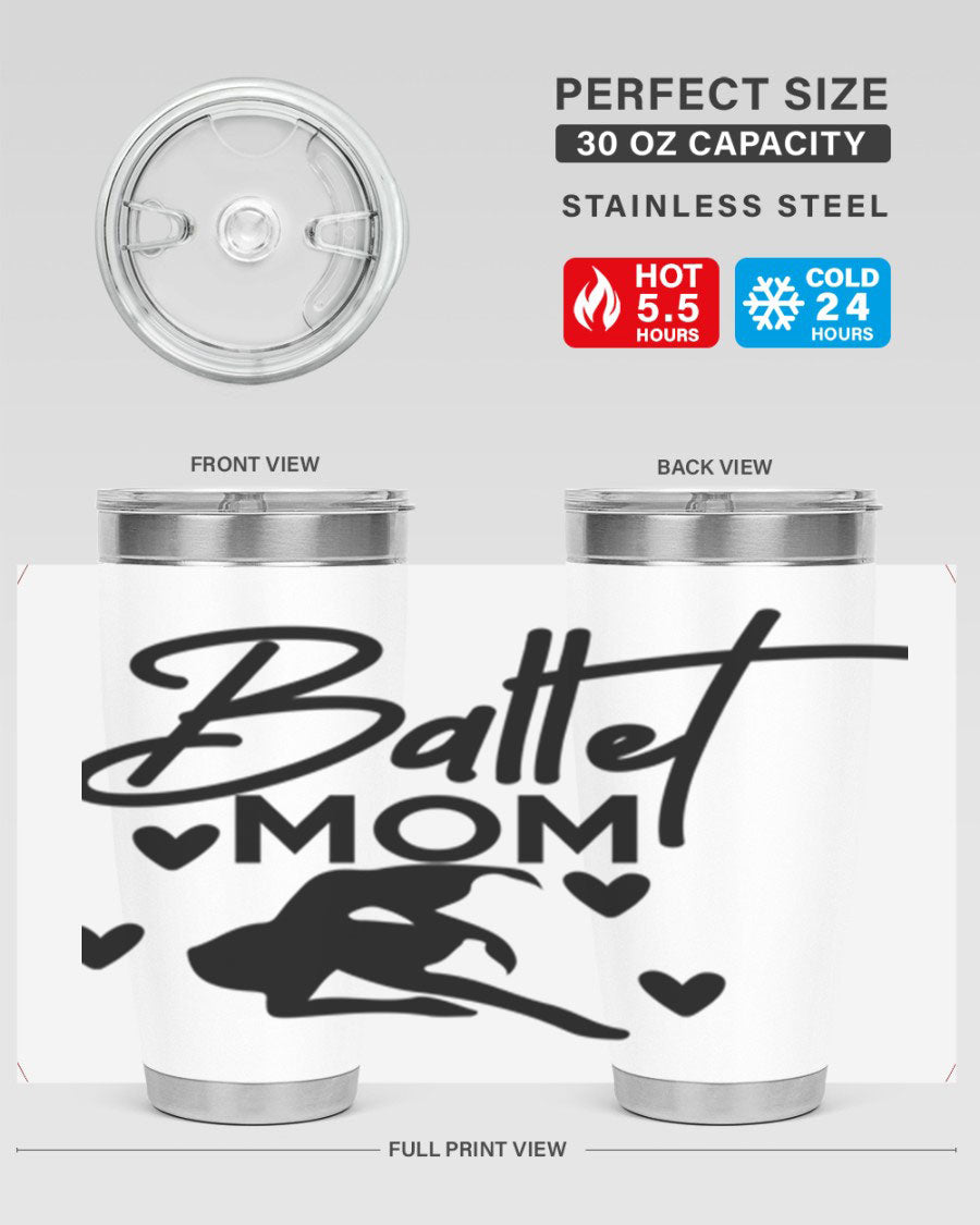 Ballet Mom 10# Tumbler in stainless steel with a stylish ballet-themed design, showcasing its double wall vacuum insulation and drink-thru lid.