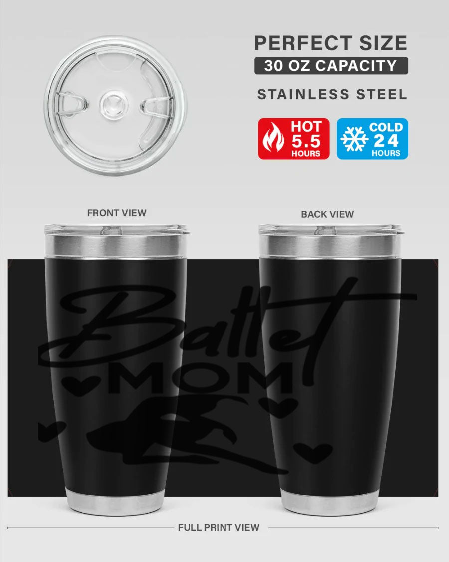 Ballet Mom 10# Tumbler in stainless steel with a stylish ballet-themed design, showcasing its double wall vacuum insulation and drink-thru lid.