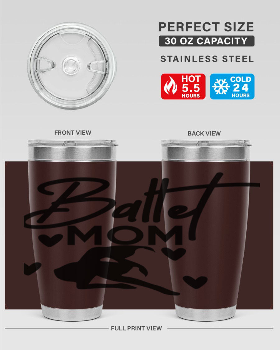 Ballet Mom 10# Tumbler in stainless steel with a stylish ballet-themed design, showcasing its double wall vacuum insulation and drink-thru lid.