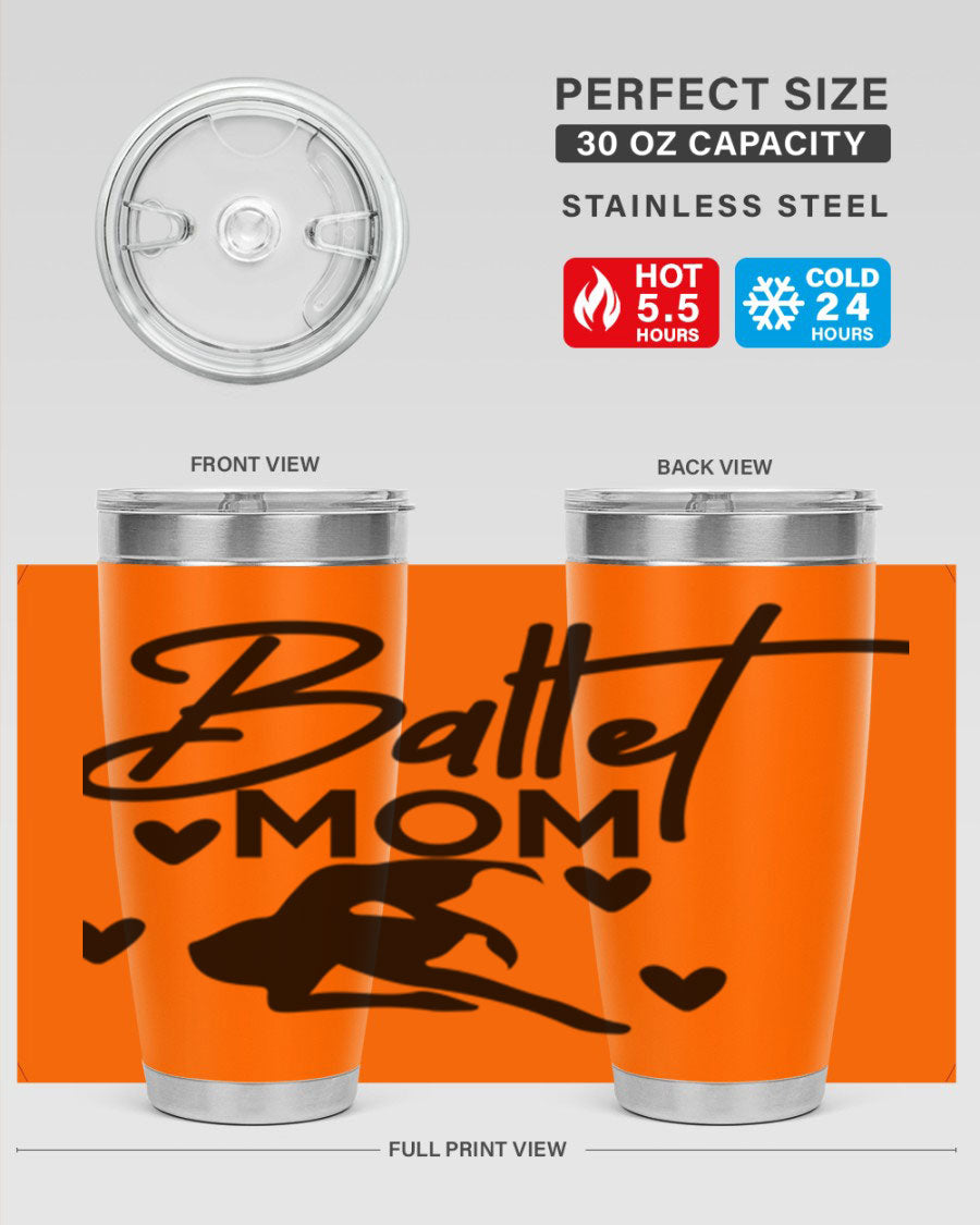 Ballet Mom 10# Tumbler in stainless steel with a stylish ballet-themed design, showcasing its double wall vacuum insulation and drink-thru lid.