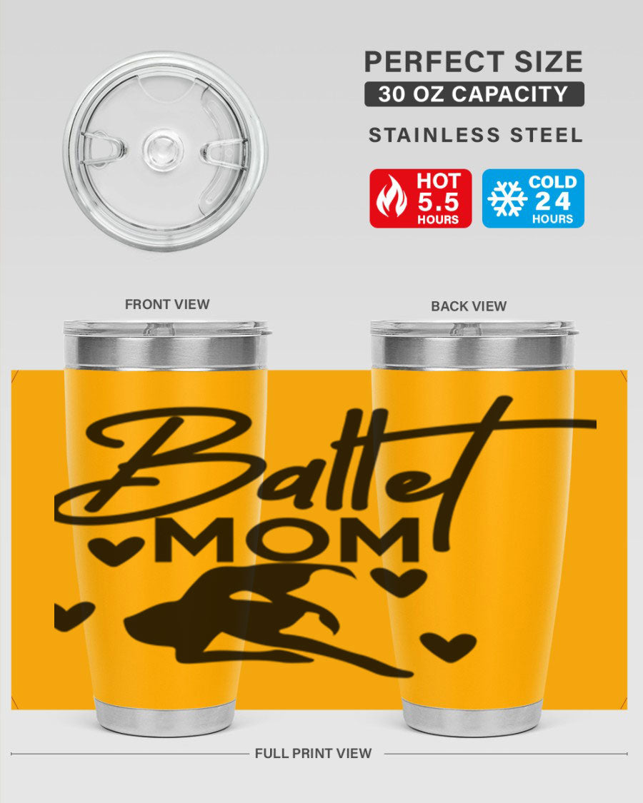 Ballet Mom 10# Tumbler in stainless steel with a stylish ballet-themed design, showcasing its double wall vacuum insulation and drink-thru lid.