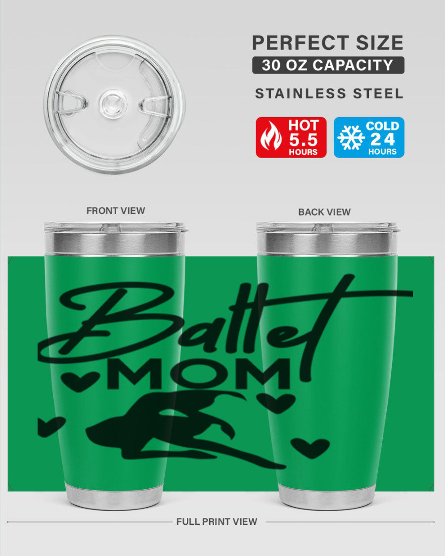 Ballet Mom 10# Tumbler in stainless steel with a stylish ballet-themed design, showcasing its double wall vacuum insulation and drink-thru lid.