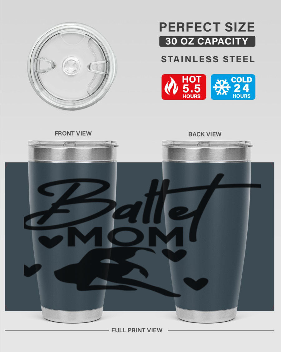 Ballet Mom 10# Tumbler in stainless steel with a stylish ballet-themed design, showcasing its double wall vacuum insulation and drink-thru lid.