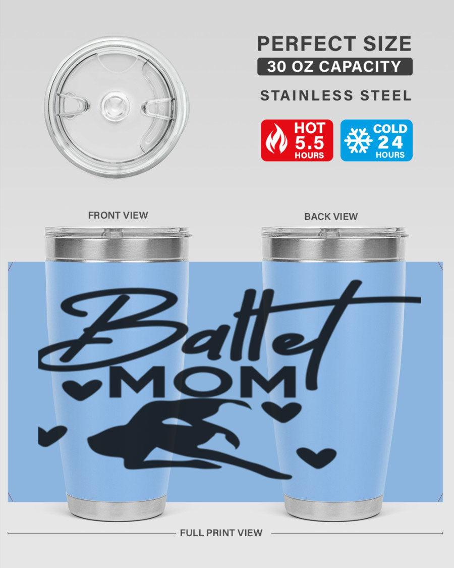 Ballet Mom 10# Tumbler in stainless steel with a stylish ballet-themed design, showcasing its double wall vacuum insulation and drink-thru lid.
