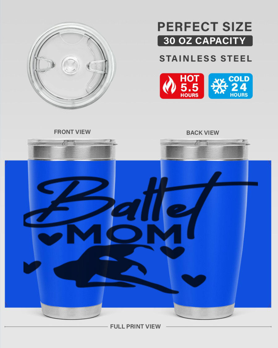 Ballet Mom 10# Tumbler in stainless steel with a stylish ballet-themed design, showcasing its double wall vacuum insulation and drink-thru lid.