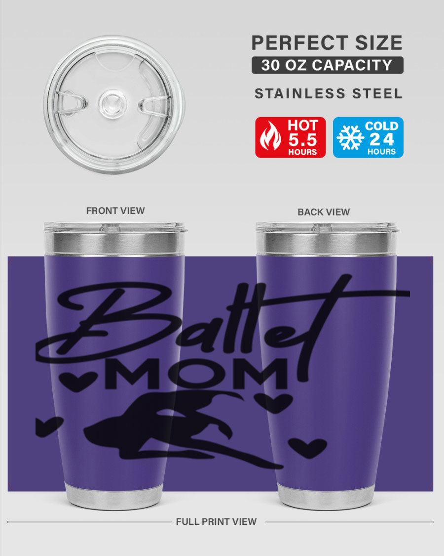 Ballet Mom 10# Tumbler in stainless steel with a stylish ballet-themed design, showcasing its double wall vacuum insulation and drink-thru lid.