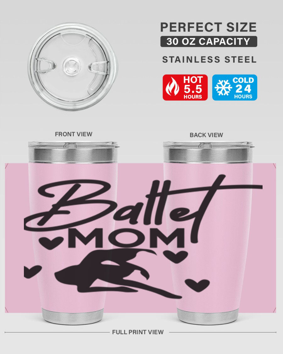 Ballet Mom 10# Tumbler in stainless steel with a stylish ballet-themed design, showcasing its double wall vacuum insulation and drink-thru lid.