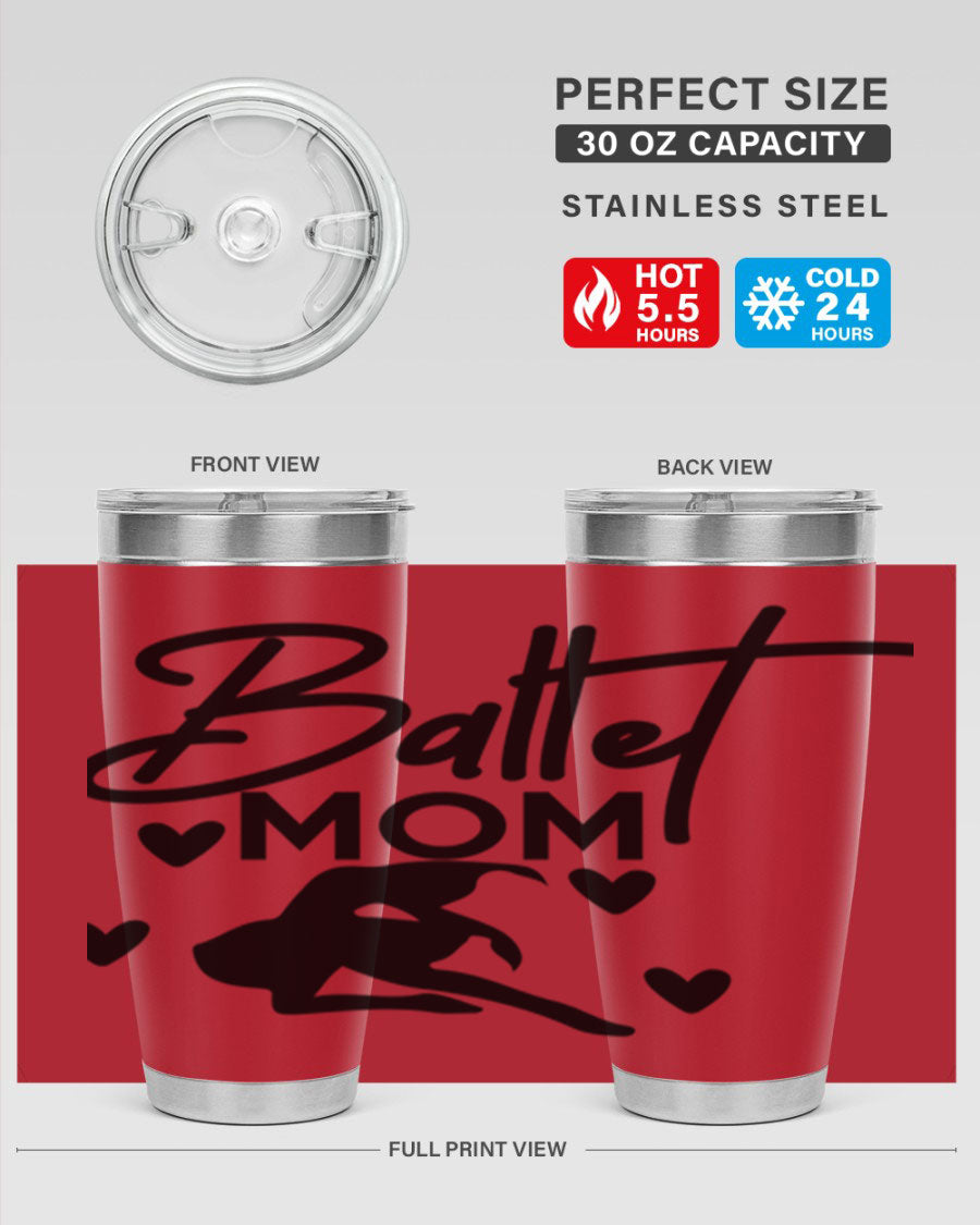 Ballet Mom 10# Tumbler in stainless steel with a stylish ballet-themed design, showcasing its double wall vacuum insulation and drink-thru lid.