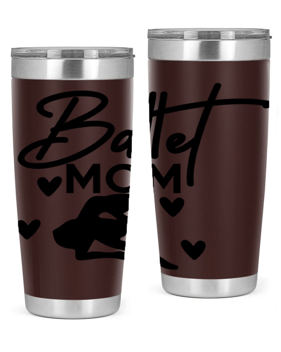 Ballet Mom 10# Tumbler in stainless steel with a stylish ballet-themed design, showcasing its double wall vacuum insulation and drink-thru lid.