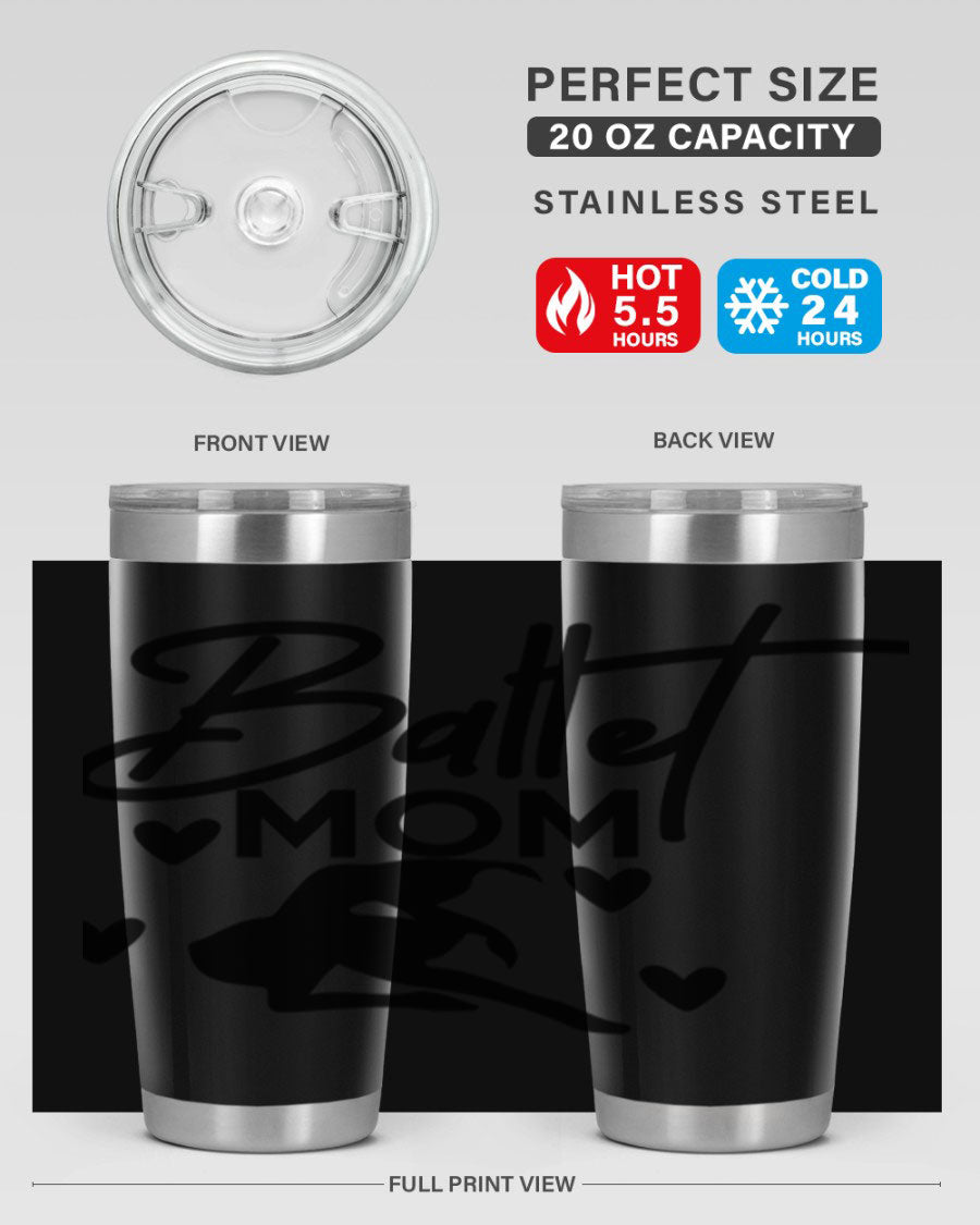 Ballet Mom 10# Tumbler in stainless steel with a stylish ballet-themed design, showcasing its double wall vacuum insulation and drink-thru lid.