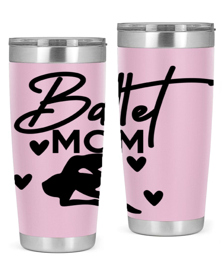 Ballet Mom 10# Tumbler in stainless steel with a stylish ballet-themed design, showcasing its double wall vacuum insulation and drink-thru lid.