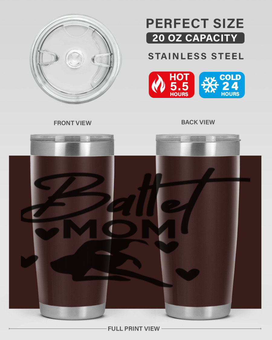 Ballet Mom 10# Tumbler in stainless steel with a stylish ballet-themed design, showcasing its double wall vacuum insulation and drink-thru lid.