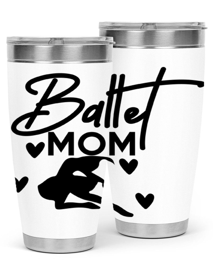 Ballet Mom 10# Tumbler in stainless steel with a stylish ballet-themed design, showcasing its double wall vacuum insulation and drink-thru lid.