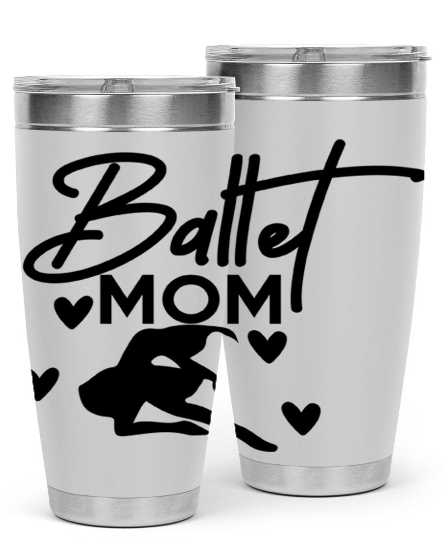 Ballet Mom 10# Tumbler in stainless steel with a stylish ballet-themed design, showcasing its double wall vacuum insulation and drink-thru lid.