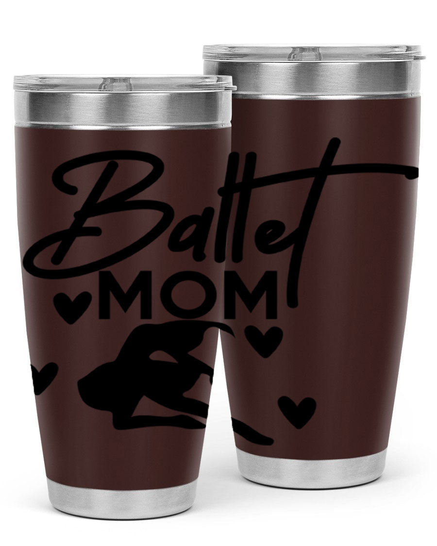 Ballet Mom 10# Tumbler in stainless steel with a stylish ballet-themed design, showcasing its double wall vacuum insulation and drink-thru lid.