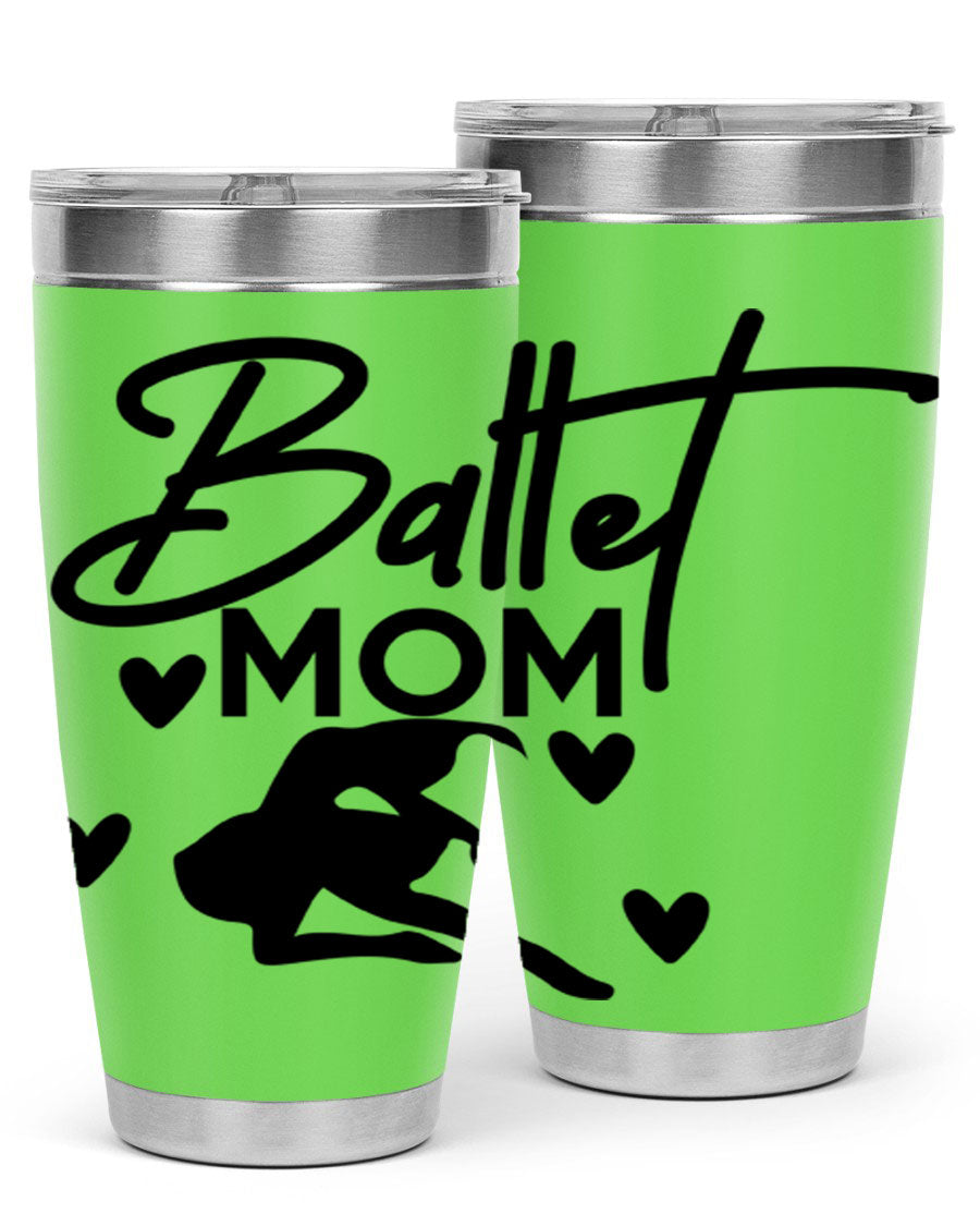 Ballet Mom 10# Tumbler in stainless steel with a stylish ballet-themed design, showcasing its double wall vacuum insulation and drink-thru lid.